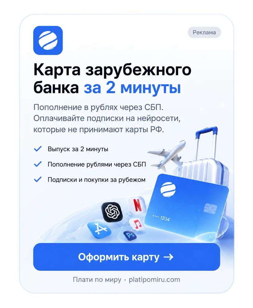 Плати по миру — карта зарубежного банка за 2 минуты. Пополнение в рублях через СБП, оплата подписок на нейросети, которые не принимают карты РФ.